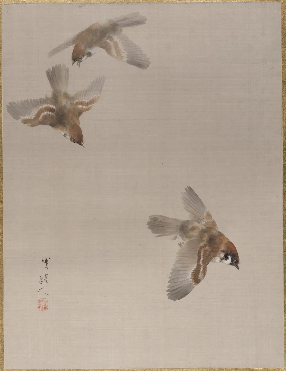 Sparrows Flying by Watanabe Seitei (渡辺省亭), painting, 1877-1897