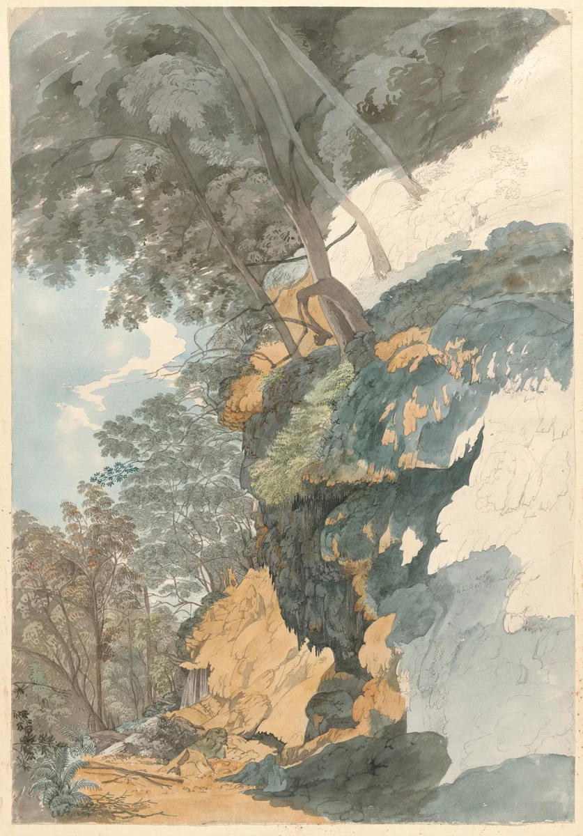 A Cliff Overhung with Trees by Ezekiel Barton, drawing, 1800-1840