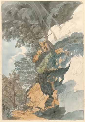 A Cliff Overhung with Trees by Ezekiel Barton, drawing, 1800-1840