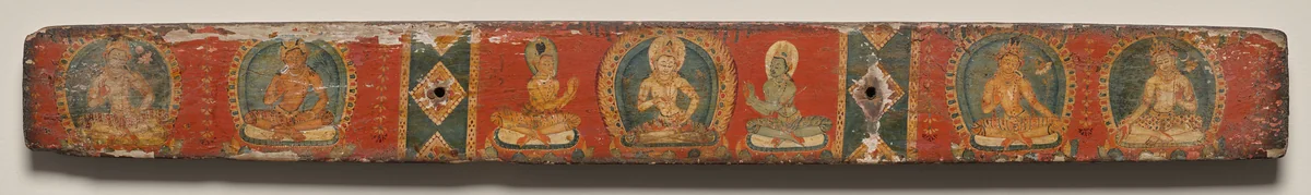 Four bodhisattvas and two attendants flanking Vajrasattva, bottom cover, from a Manuscript of the Perfection of Wisdom in Eight Thousand Lines (Ashtasahasrika Prajnaparamita-sutra) by Unknown, painting, 1119