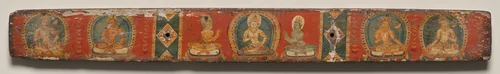 Four bodhisattvas and two attendants flanking Vajrasattva, bottom cover, from a Manuscript of the Perfection of Wisdom in Eight Thousand Lines (Ashtasahasrika Prajnaparamita-sutra) by Unknown, painting, 1119