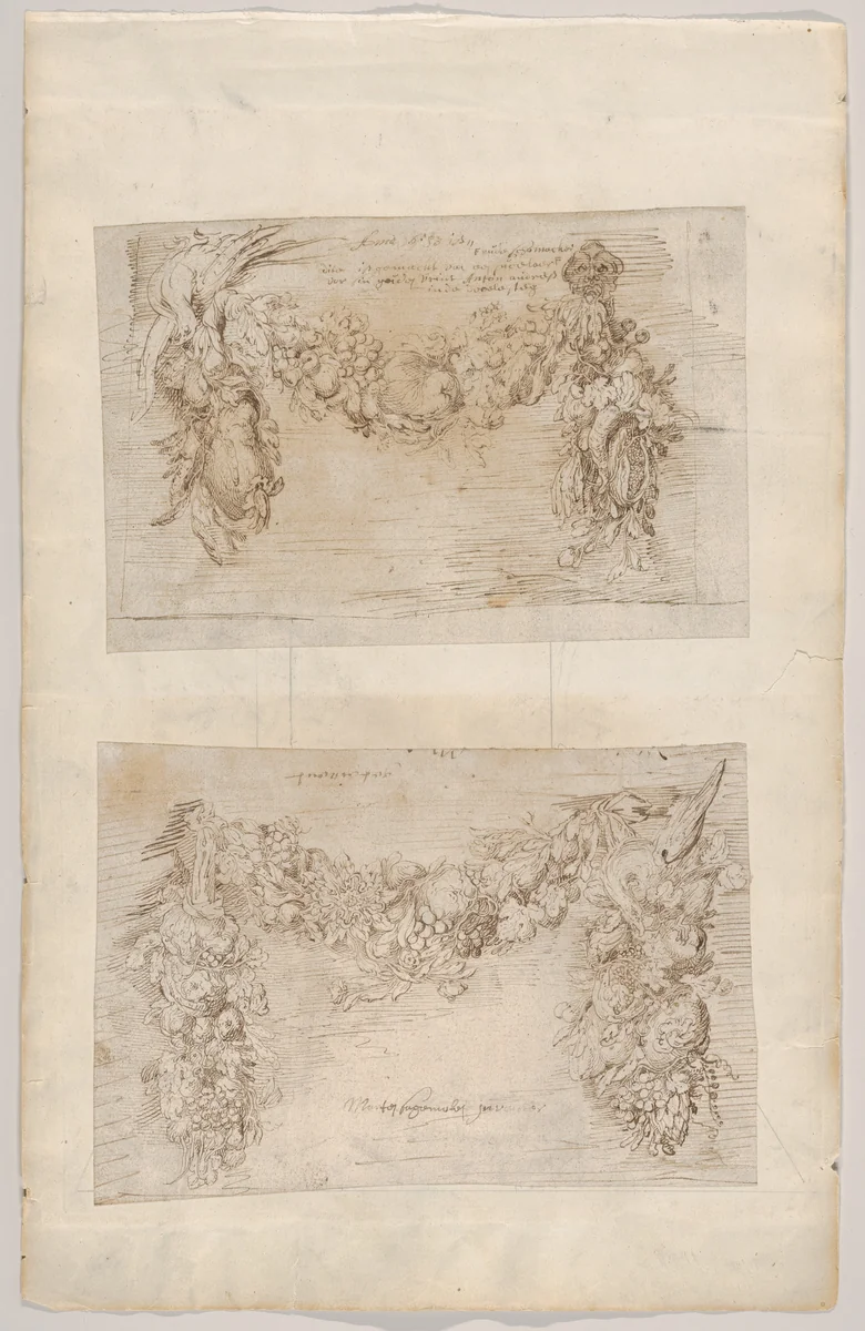 Study of a Garland of Fruits and Vegetables by Martinus Saeghmolen, drawing, 1653