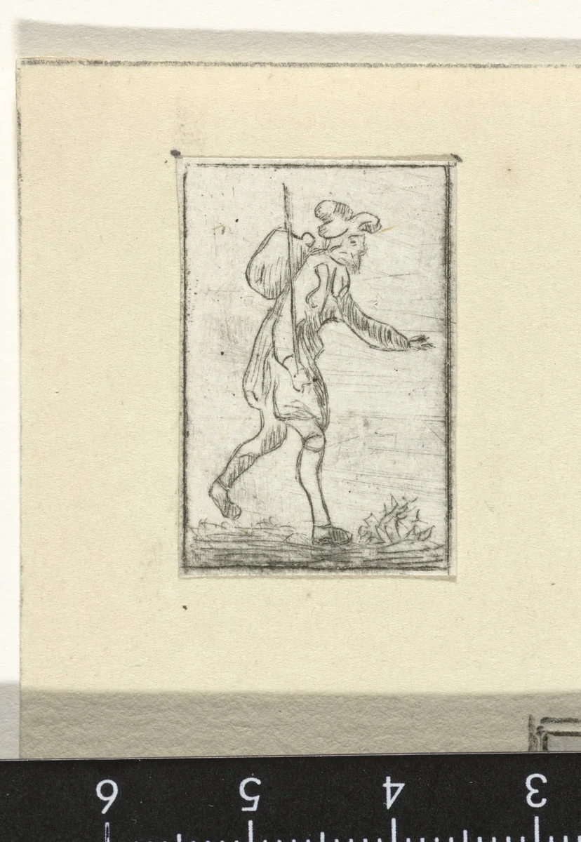 Reiziger met knapzak by Jacob Hoolaart, print, 1728-1789