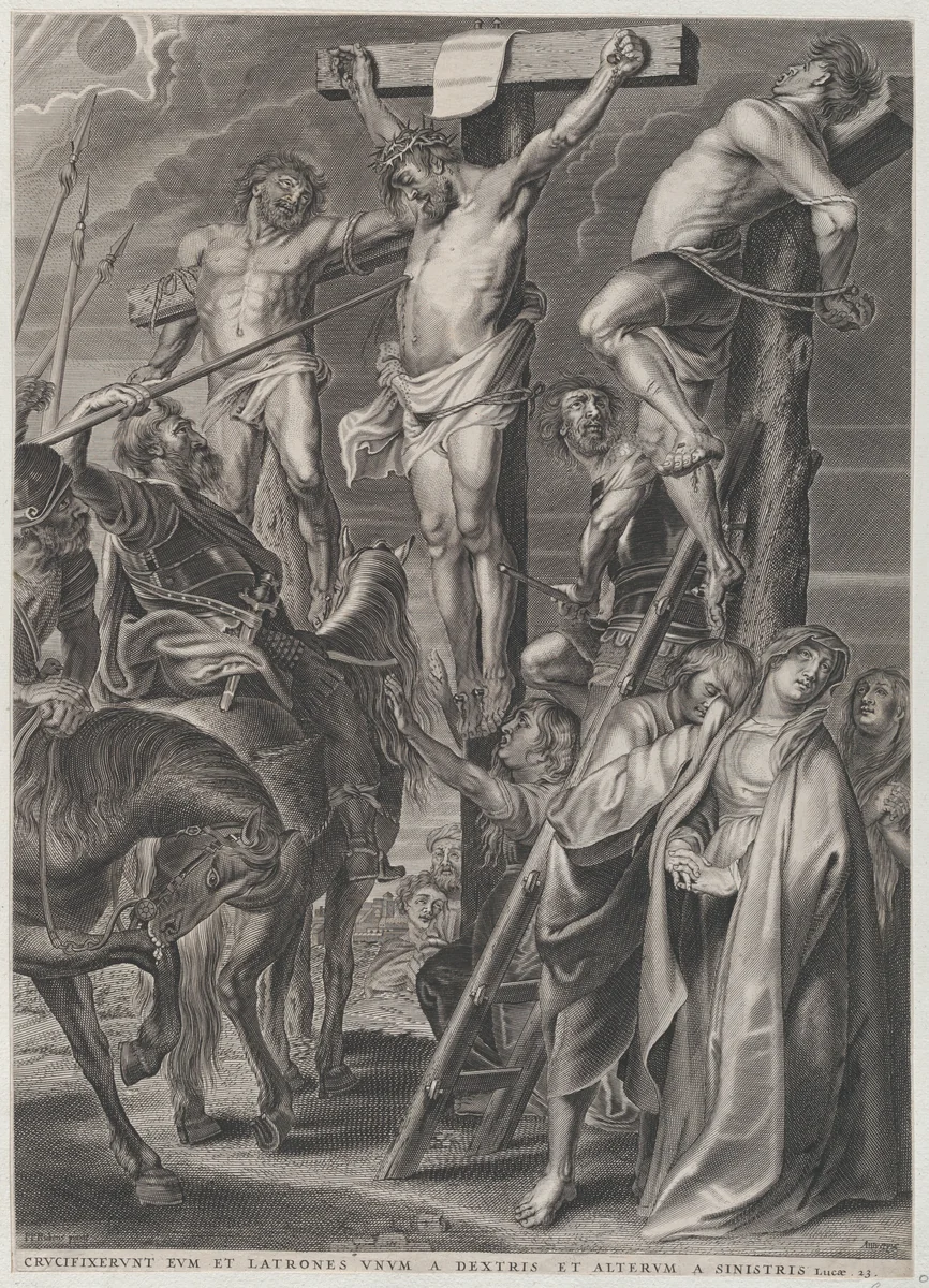 Christ on the cross between the two thieves by anonymous, print, 1626-1636