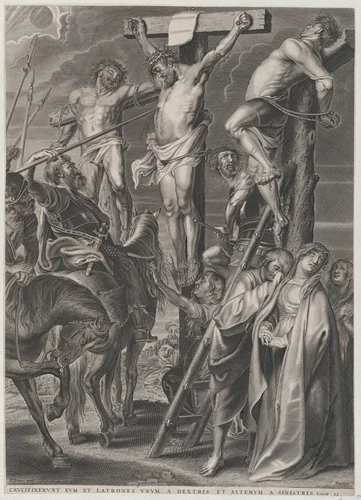 Christ on the cross between the two thieves by anonymous, print, 1626-1636