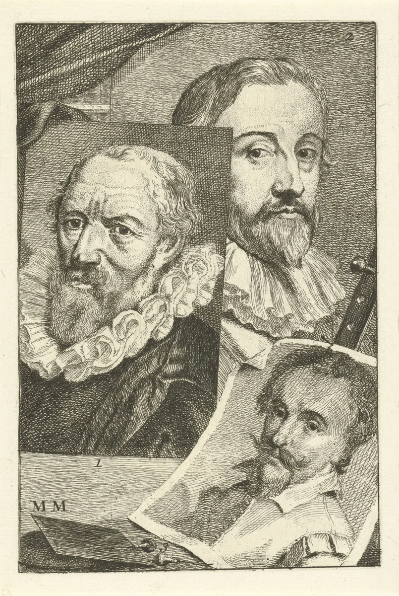 Portretten van Jacob Matham, Pieter de Jode I en Adam Elsheimer by Jan l' Admiral, print, 1764