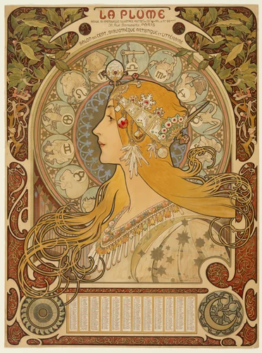Zodiaque ("La Plume") by Alphonse Mucha, other, 1896-1897