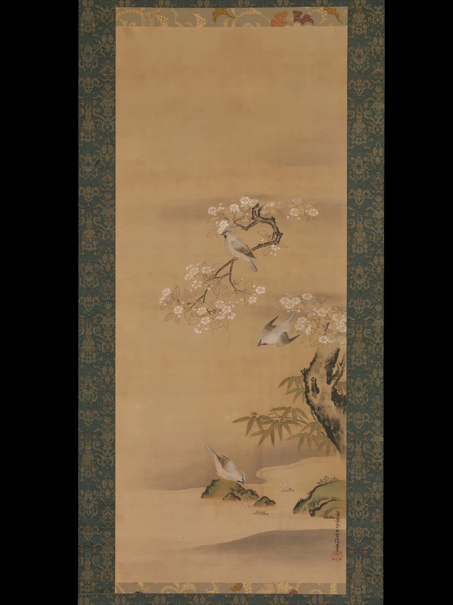 Waxwings, Cherry Blossoms, and Bamboo by Kiyohara Yukinobu, painting, 1667-1682