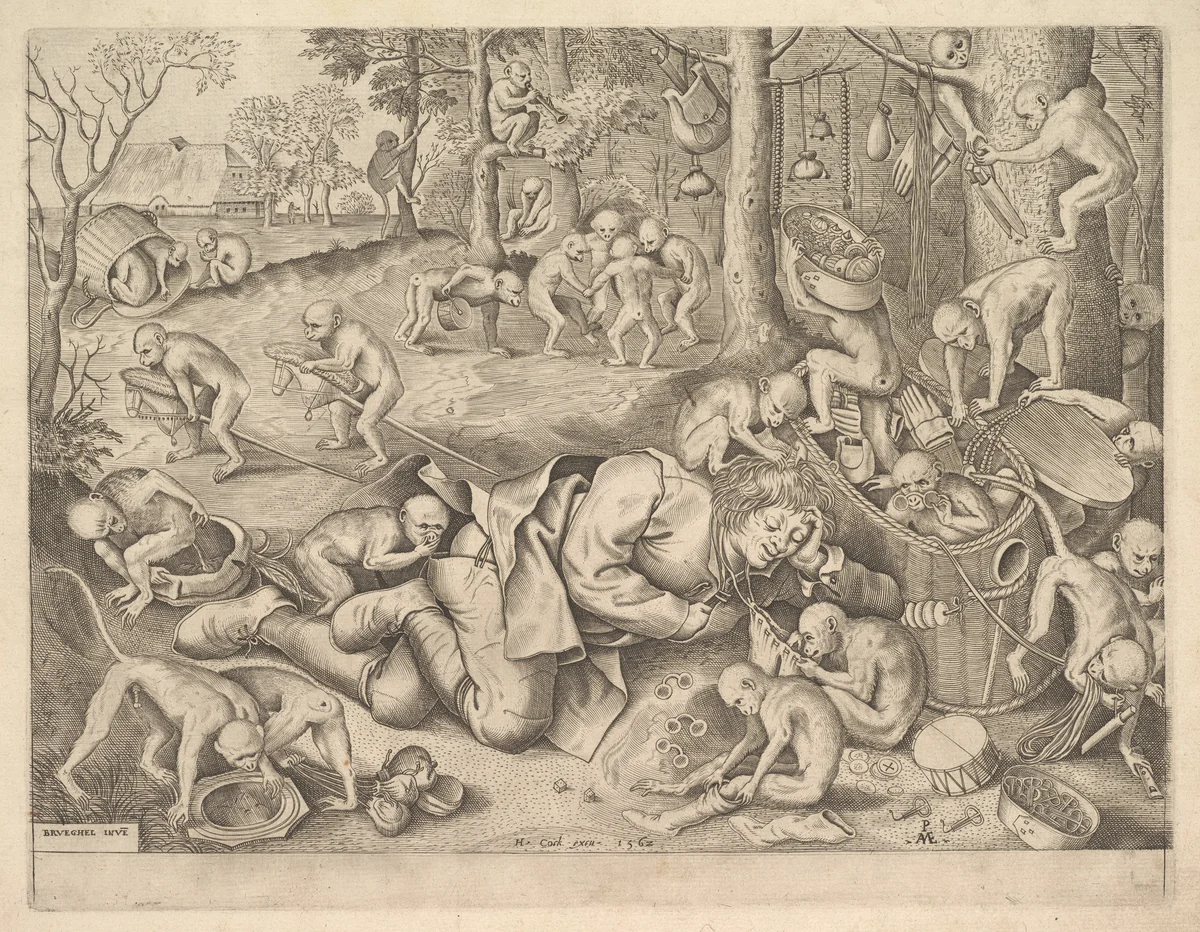 The Merchant Robbed by Monkeys by Pieter van der Heyden, print, 1562