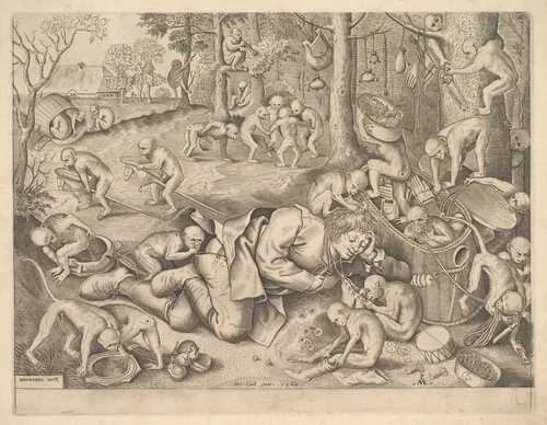 The Merchant Robbed by Monkeys by Pieter van der Heyden, print, 1562
