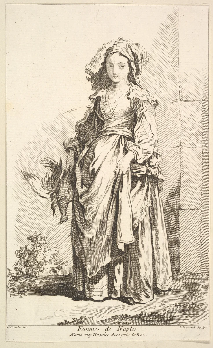 Femme de Naples, plate 2 from "Recueil de diverses fig.res étrangeres Inventées par F. Boucher P.tre du Roy et Gravées par F. Ravenet" (Collection of Various Foreign Figures, Devised by F. Boucher, Painter of the King and Engraved [etched] by F. Ravenet) by Simon Ravenet, print, 1721-1774