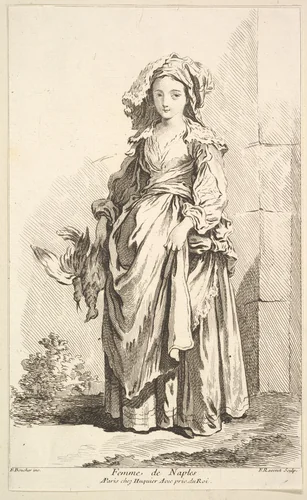 Femme de Naples, plate 2 from "Recueil de diverses fig.res étrangeres Inventées par F. Boucher P.tre du Roy et Gravées par F. Ravenet" (Collection of Various Foreign Figures, Devised by F. Boucher, Painter of the King and Engraved [etched] by F. Ravenet) by Simon Ravenet, print, 1721-1774