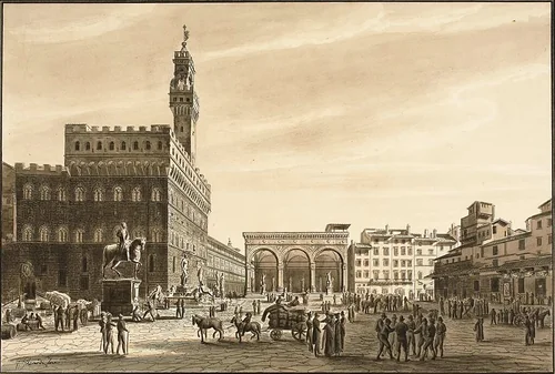 Piazza Signoria by Giuseppe Gherardi, drawing, 1808-1884