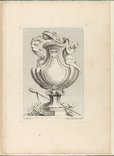 Design for a vase with a faun and a nymph, from Livre de Vases (Book of Vases), plate 10 by Gabriel Huquier, print, 1742-1750