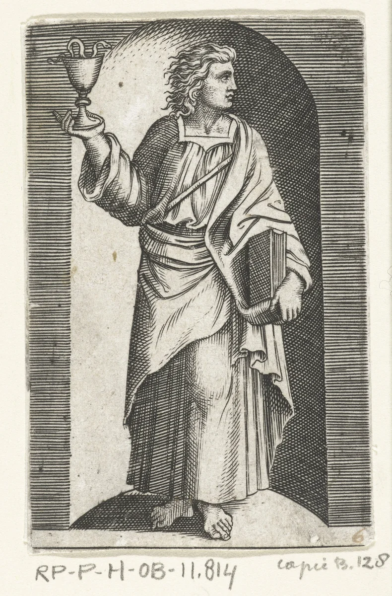 Apostel Johannes de Evangelist met miskelk staand in nis by anonymous, print, 1517-1577