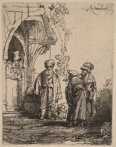 Three Oriental Figures (Jacob and Laban?) by Rembrandt van Rijn, print, 1606-1669