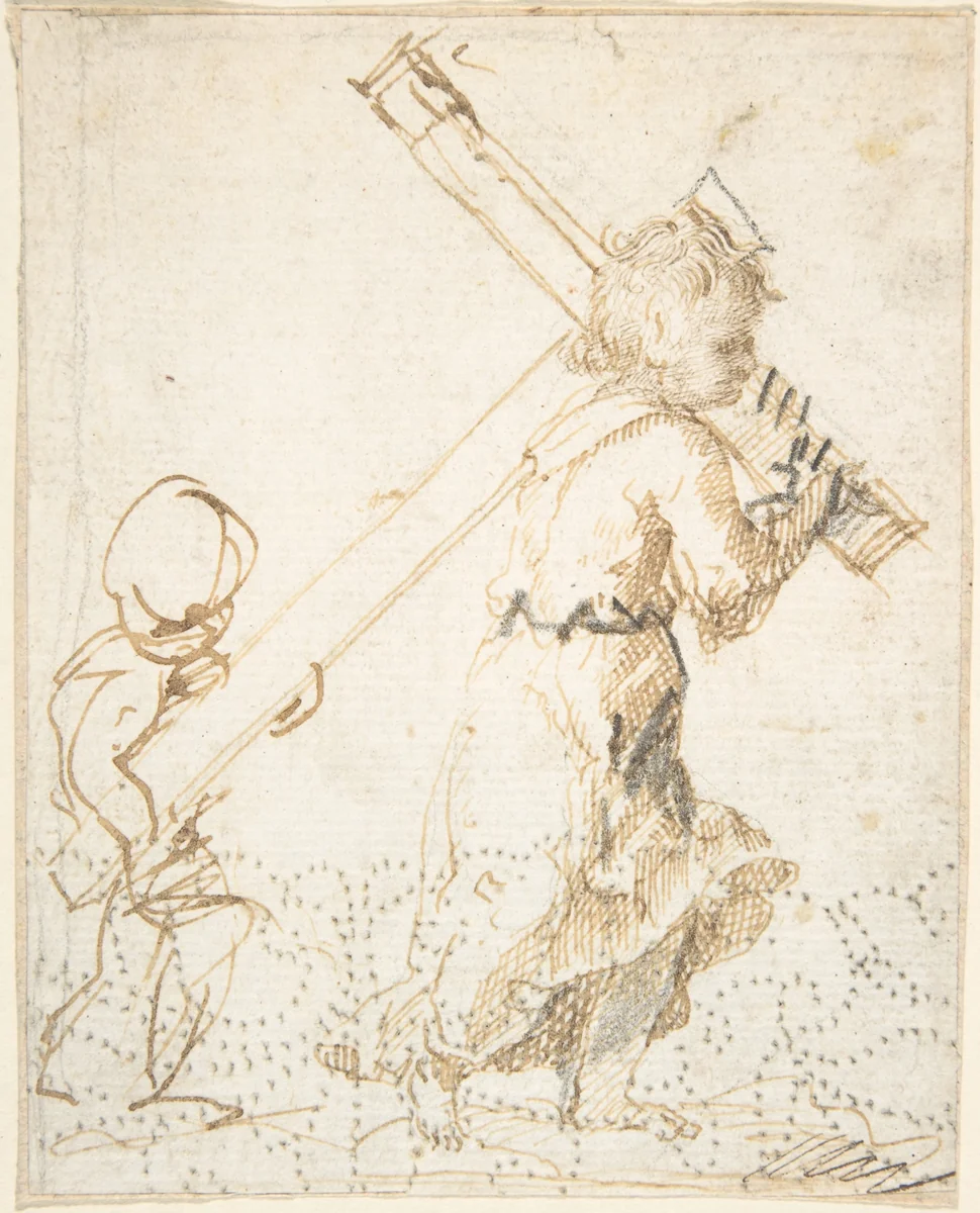 Christ Child and Secondary Child Figure Bearing the Cross (recto); Fragment of Design for Ornamental Border (verso) by anonymous, drawing, 1600-1700