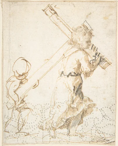 Christ Child and Secondary Child Figure Bearing the Cross (recto); Fragment of Design for Ornamental Border (verso) by anonymous, drawing, 1600-1700