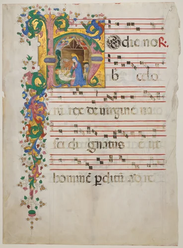 Manuscript Leaf with the Nativity in an Initial H, from an Antiphonary by Master of the Riccardiana Lactantius, manuscript, 1450-1499