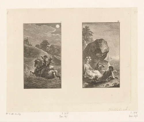 Elise op de vlucht en gezelschap bij zonsondergang aan de oever van de Sont by Daniel Nikolaus Chodowiecki, print, 1779