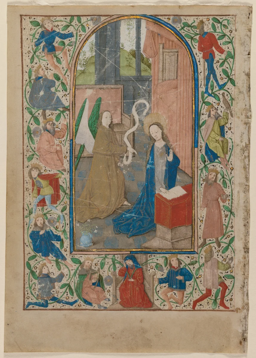 Leaf from a Book of Hours: The Annunciation (recto) by Unknown, manuscript, 1470-1479