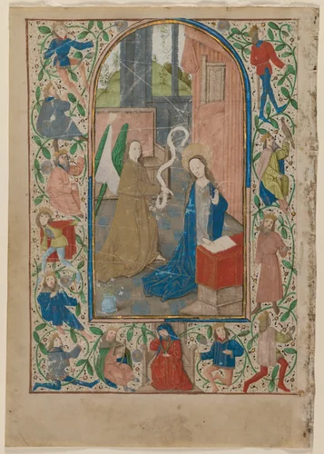 Leaf from a Book of Hours: The Annunciation (recto) by Unknown, manuscript, 1470-1479