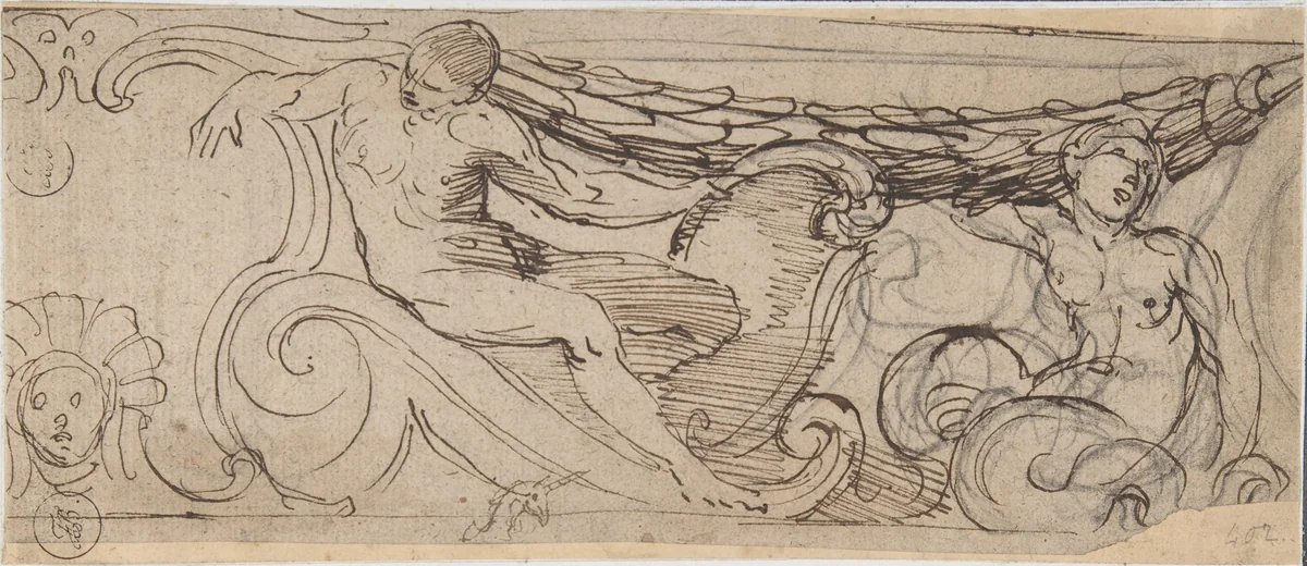 Design for a Frieze: A Nude Man, Sea Creature, a Garland and Volutes, Small head of Unicorn by anonymous, drawing, 1600-1630