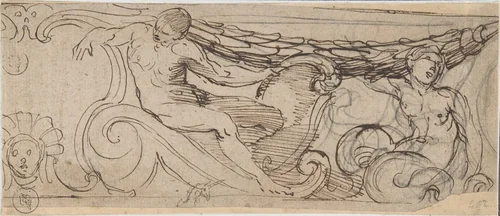 Design for a Frieze: A Nude Man, Sea Creature, a Garland and Volutes, Small head of Unicorn by anonymous, drawing, 1600-1630