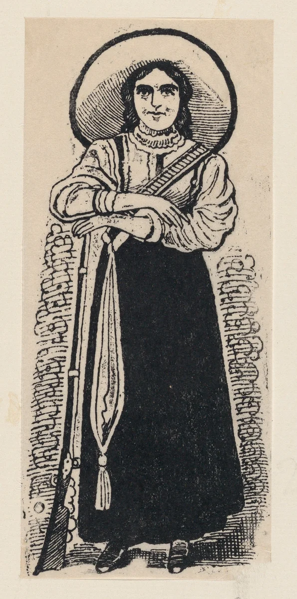 A standing female soldier (soldadera) by José Guadalupe Posada, print, 1875-1885