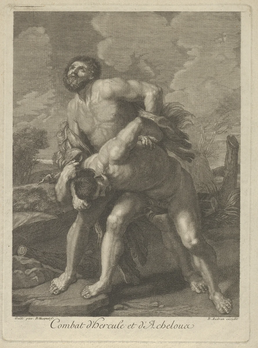 Hercules wearing a lion skin and fighting Achelous, a landscape in the background, after Reni by Robert Hecquet, print, 1708-1718