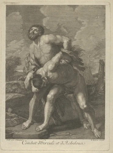 Hercules wearing a lion skin and fighting Achelous, a landscape in the background, after Reni by Robert Hecquet, print, 1708-1718