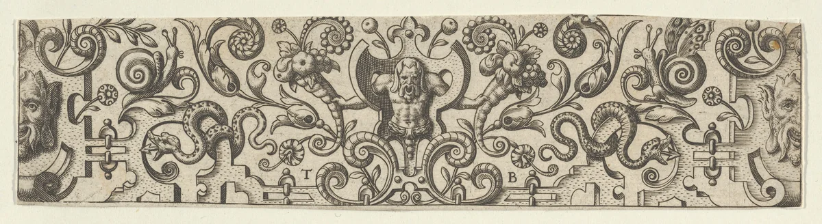 Frieze with Half-Length Figure Holding Cornucopias by Theodor de Bry, print, 1585-1595