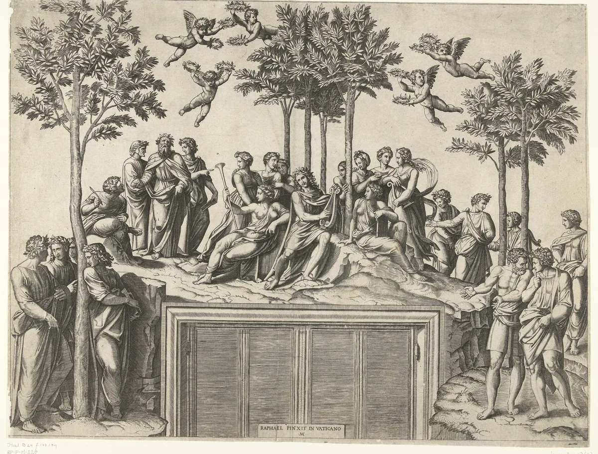 Apollo en muzen op berg Parnassus by anonymous, print, 1517-1570
