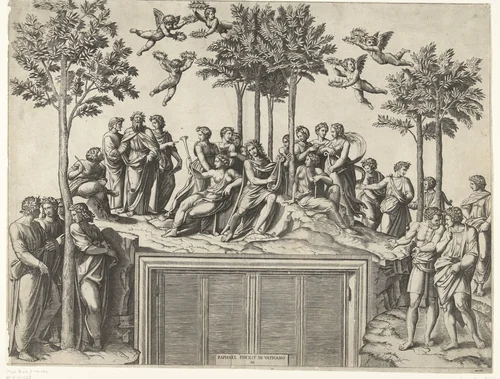 Apollo en muzen op berg Parnassus by anonymous, print, 1517-1570