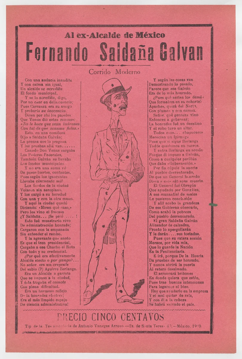 Broadsheet relating to the ex mayor of Mexico, Fernando Saldaña Galvan, who is standing in the center covered in holes by José Guadalupe Posada, print, 1915-1925