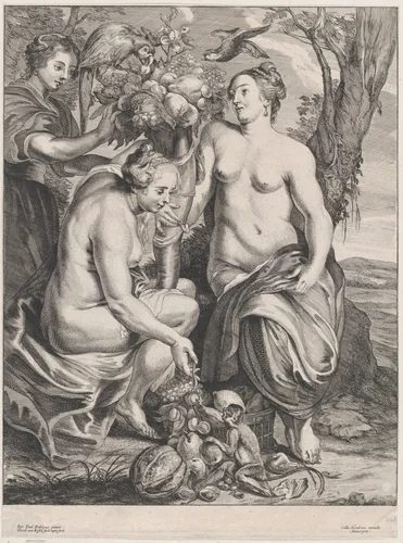 Allegory of abundance: Ceres holding a cornucopia at right and Pomona at left feeding fruit to a monkey by Theodor van Kessel, print, 1647-1660