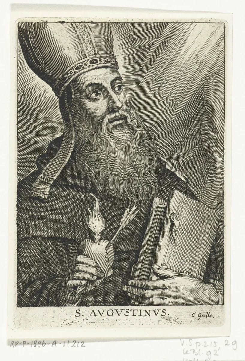 Heilige Augustinus met brandend hart doorboord met pijl by Schelte Adamsz. Bolswert, print, 1596-1678