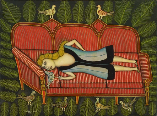 Girl with Pigeons by Morris Hirshfield, painting, 1942