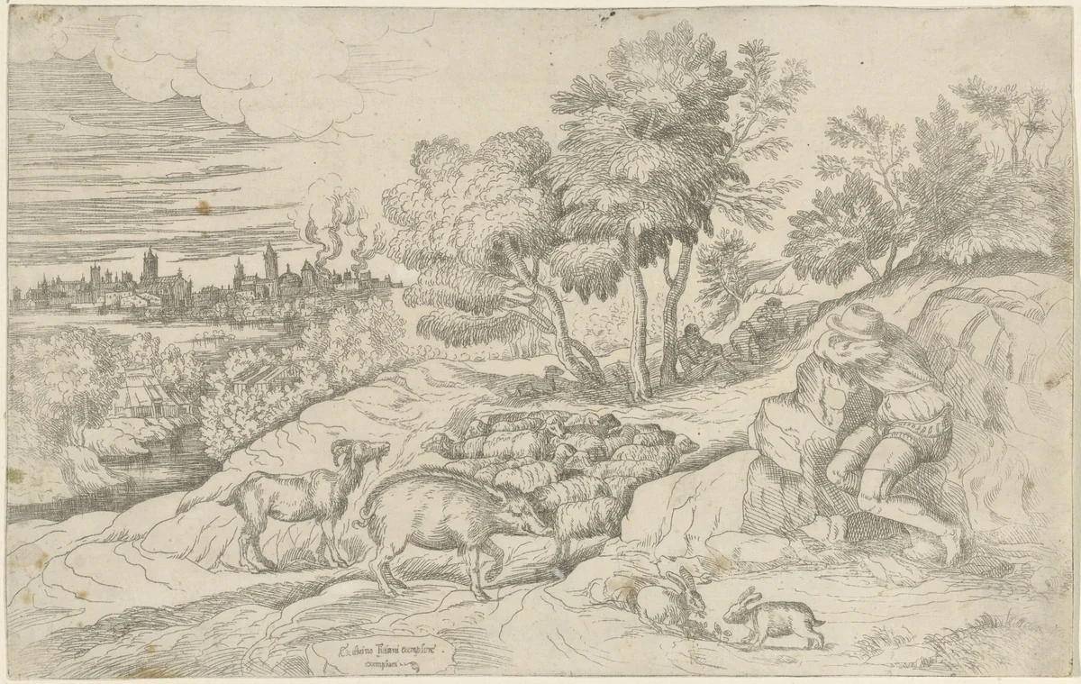Slapende herders by anonymous, print, 1652-1750