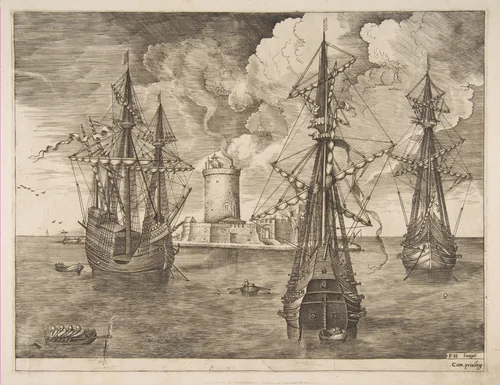 Four-Master (Left) and Two Three-Masters Anchored near a Fortified Island with a Lighthouse from The Sailing Vessels by Pieter Bruegel, print, 1561-1565
