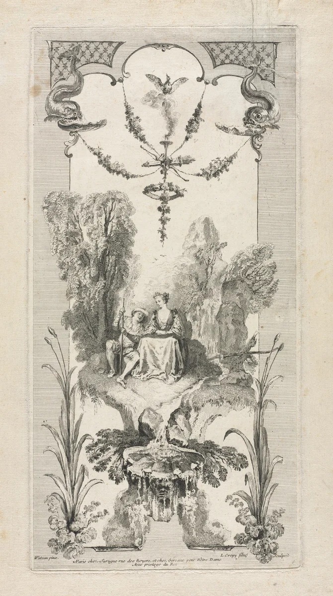 Pastoral, Arabesque by Louis Crépy, print, 1704-1750