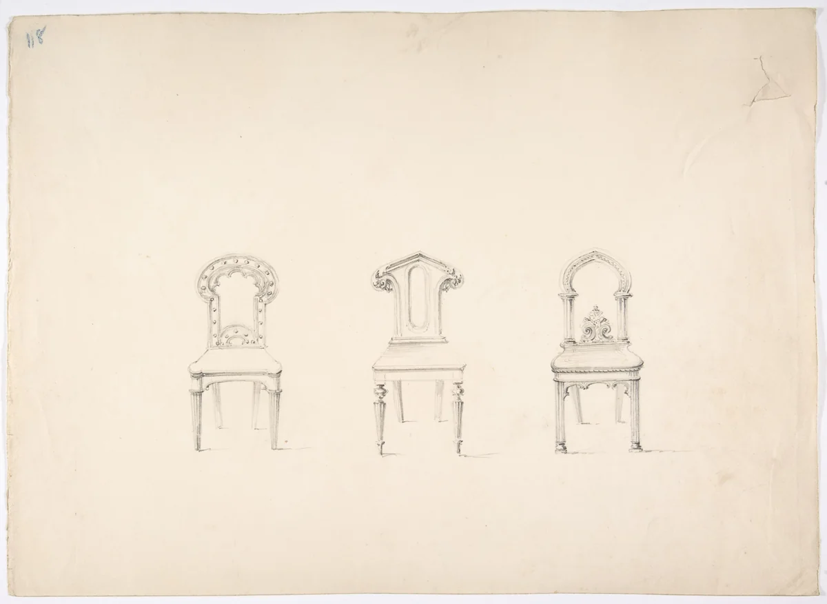 Design for Three Chairs by anonymous, drawing, 1800-1850