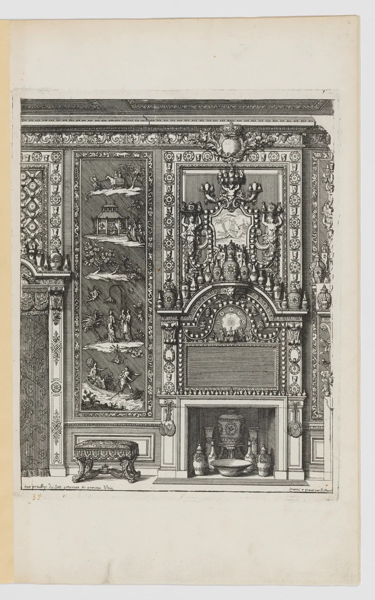 Chimney-Piece with Various Porcelain Vases, from Nouvelles Cheminées Faittes en Plusieur en Droits de la Hollande et Autres Prouinces, part of Œuvres du Sr. D. Marot by Daniel Marot, print, 1703-1712