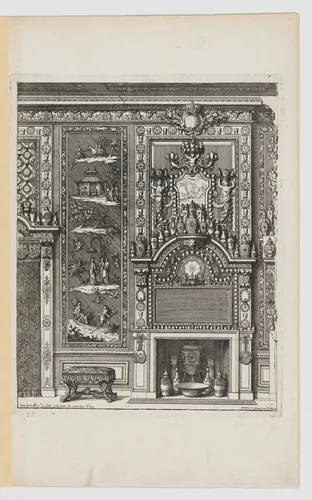 Chimney-Piece with Various Porcelain Vases, from Nouvelles Cheminées Faittes en Plusieur en Droits de la Hollande et Autres Prouinces, part of Œuvres du Sr. D. Marot by Daniel Marot, print, 1703-1712