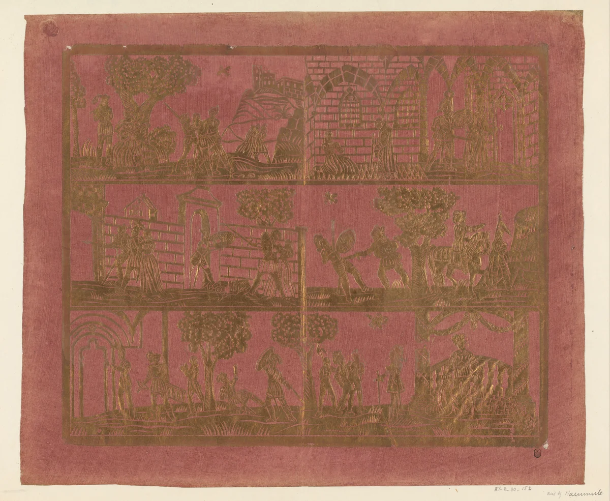 Blad met in drie rijen zes ridderscènes by anonymous, other, 1780-1820