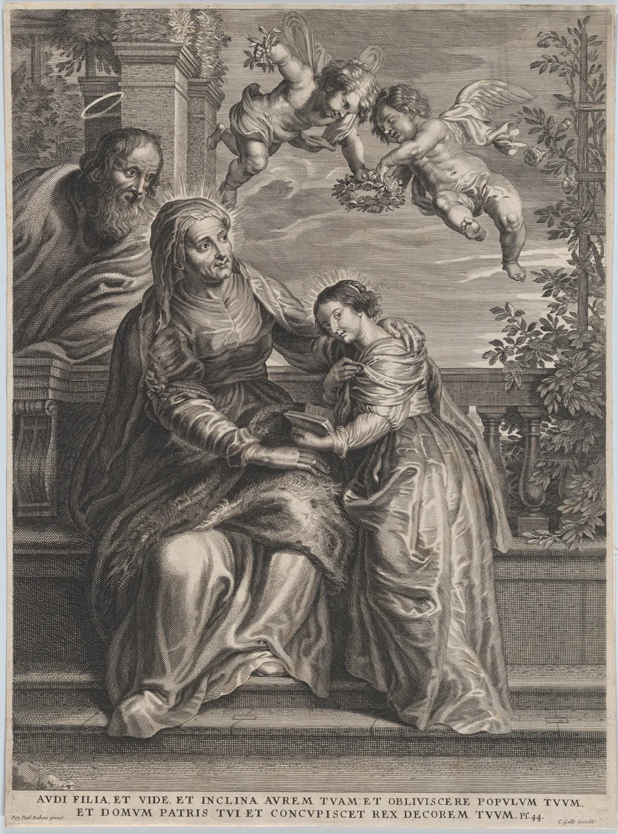 The education of the Virgin, with Saint Anne and the Virgin Mary reading with two putti overhead and Saint Joachim behind them at left by anonymous, print, 1595-1650