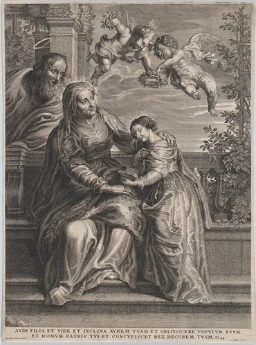 The education of the Virgin, with Saint Anne and the Virgin Mary reading with two putti overhead and Saint Joachim behind them at left by anonymous, print, 1595-1650