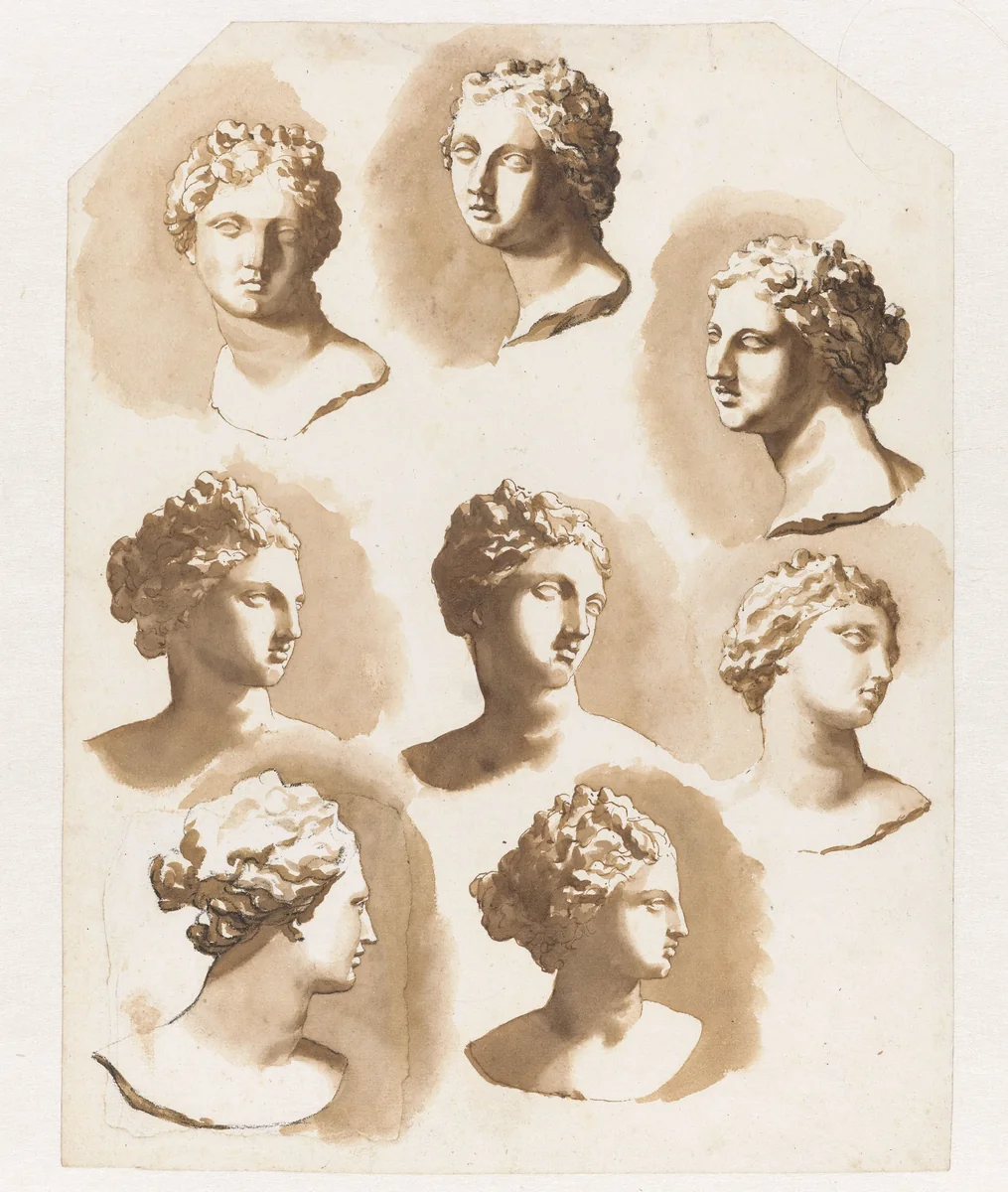 Acht maal het hoofd van de Venus de' Medici by Jan de Bisschop, drawing, 1648-1671