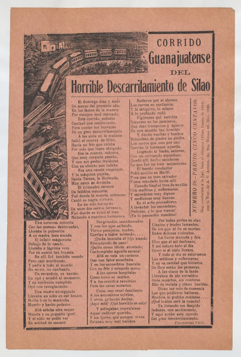 Broadsheet relating to a train accident in Guanajuatense and the many fatalities by José Guadalupe Posada, print, 1920