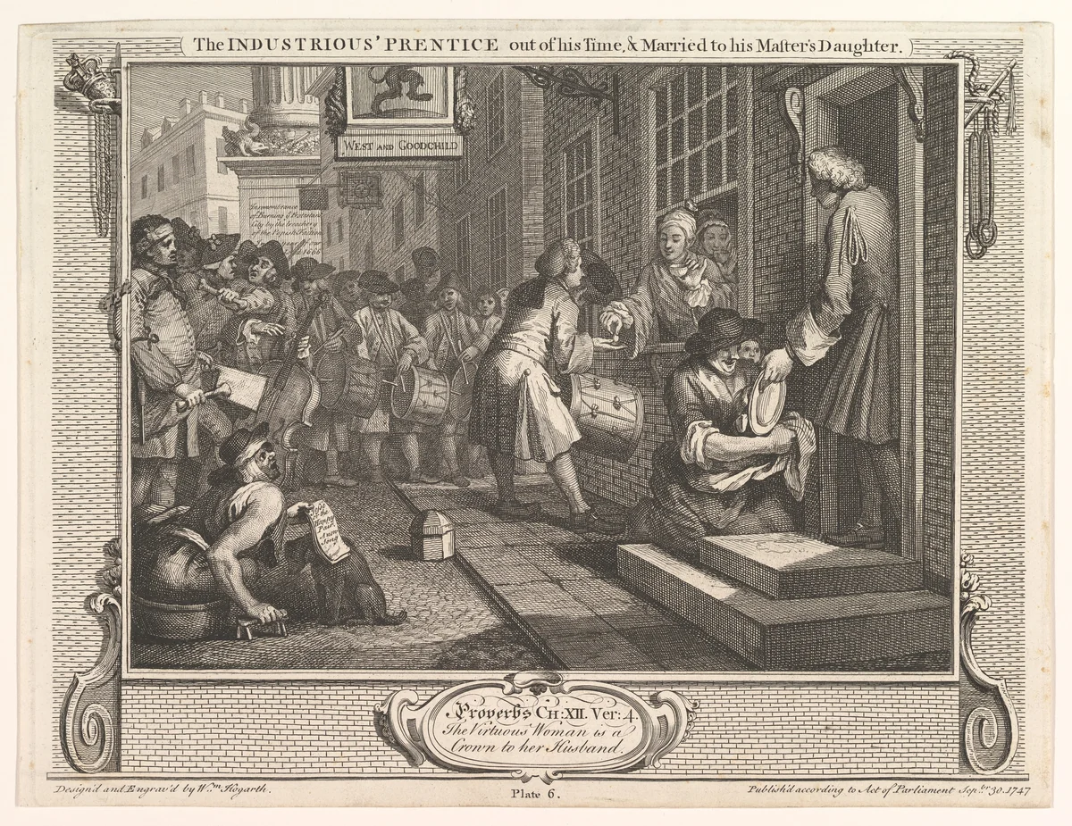 The Industrious 'Prentice Out of his Time and Married to his Master's Daughter (Industry and Idleness, plate 6) by William Hogarth, print, 1747